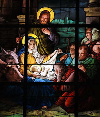 Stained glass window created by F. Zettler (1878-1911) at the German Church (St. Gertrude's church) in Gamla Stan in Stockholm, depicting a Nativity Scene. This window was created more than 100 years ago, no property release is required.christmas