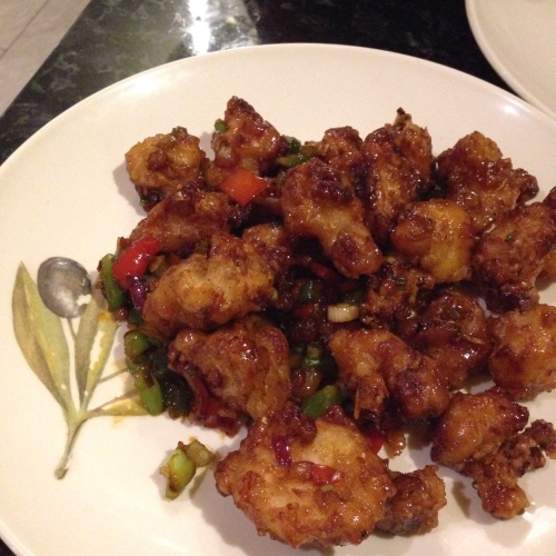 Gobi Manchurian: spicy cauliflower pieces lightly battered and fried.