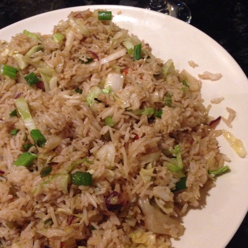 Vegetarian Fried Rice with bits of cabbage, carrot, celery, and (?) cilantro.